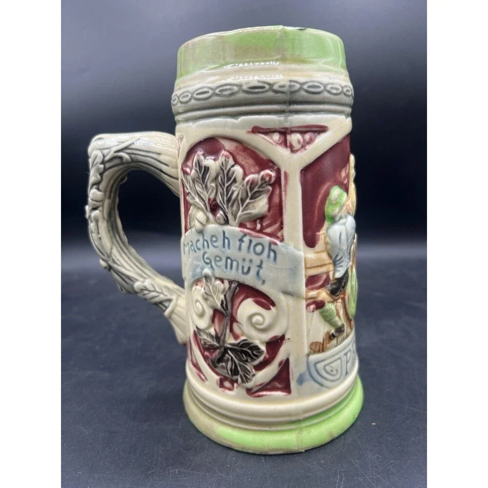 Vintage Japanese Prosit Beer Stein Hand Painted Tavern Scene Mug 7” Made Japan